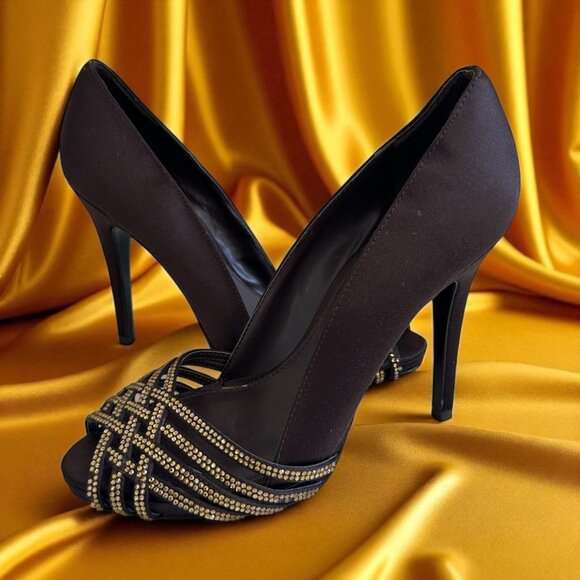 LAUREN RALPH LAUREN Brown Satin Jeweled Heels Size 6 - Picture 1 of 11